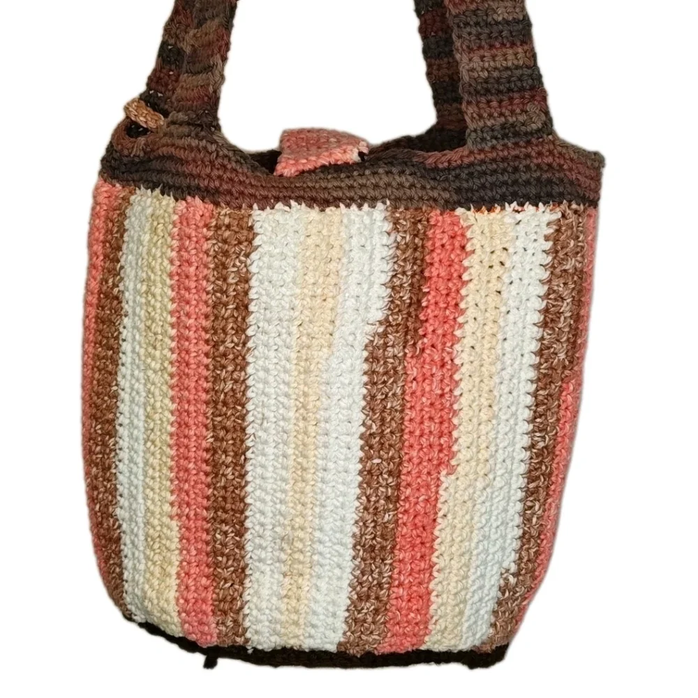 Hippie Boho Hand Crocheted Earthy Striped Bucket Purse W/ Coin Purse Homemade